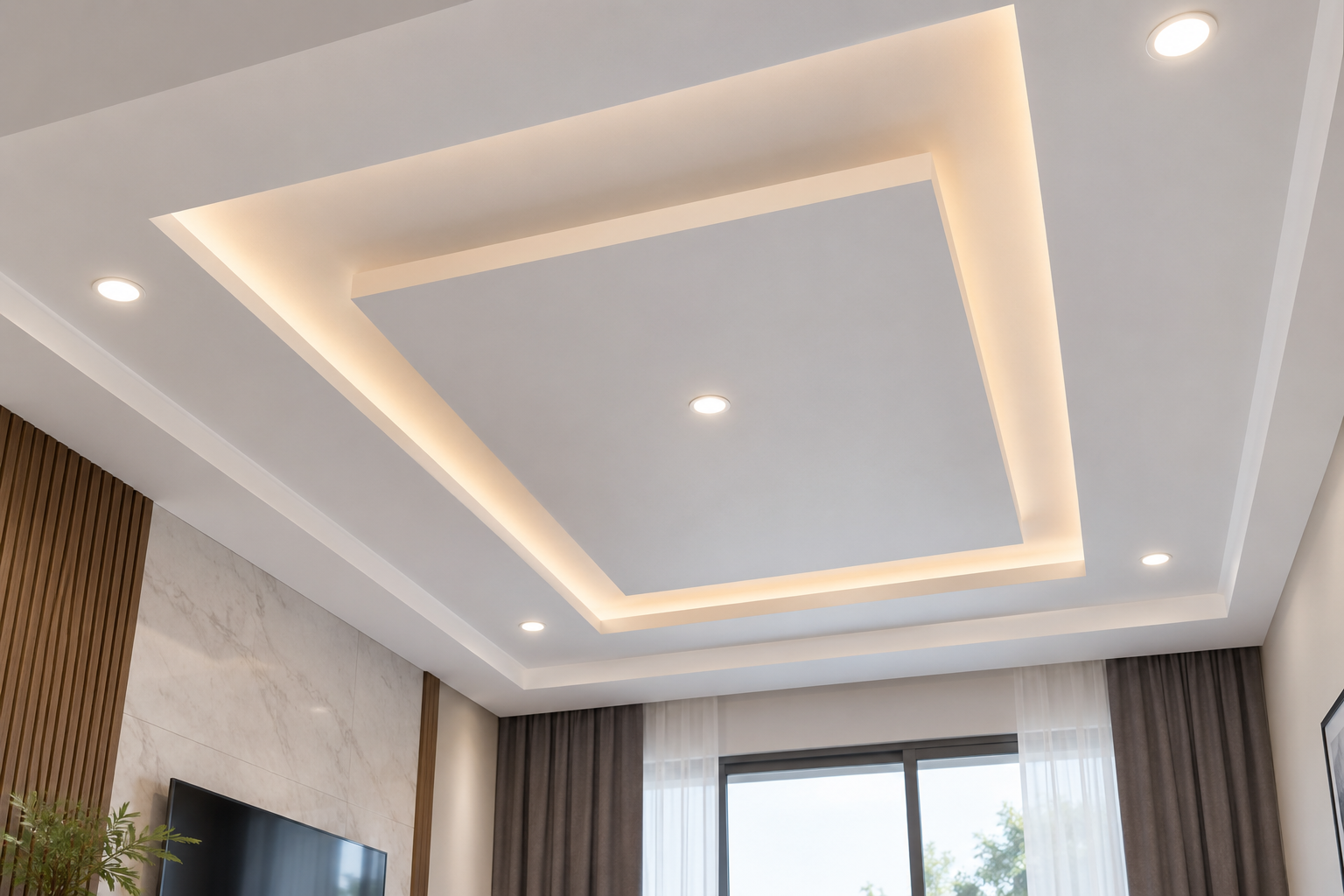 Plafon gypsum dengan desain bertingkat dan indirect lighting