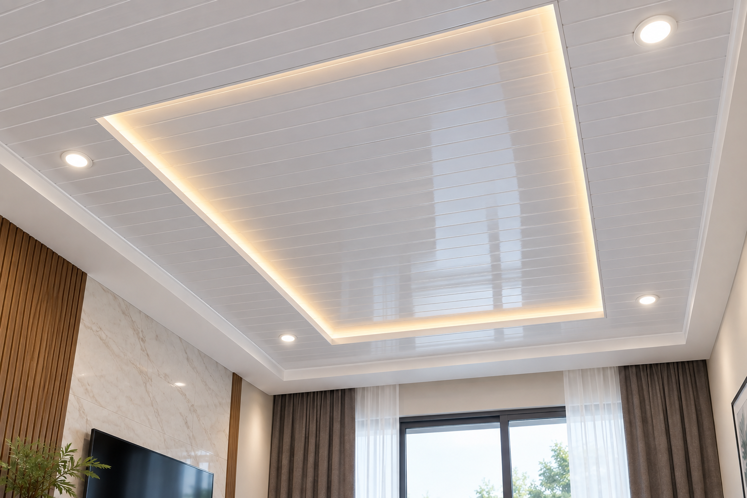 Plafon PVC dengan panel putih dan pencahayaan indirect