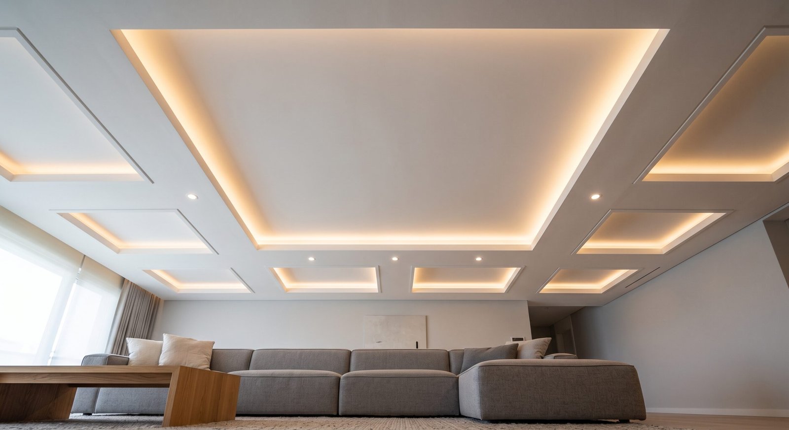 Plafon GRC dengan desain bertingkat dan indirect lighting